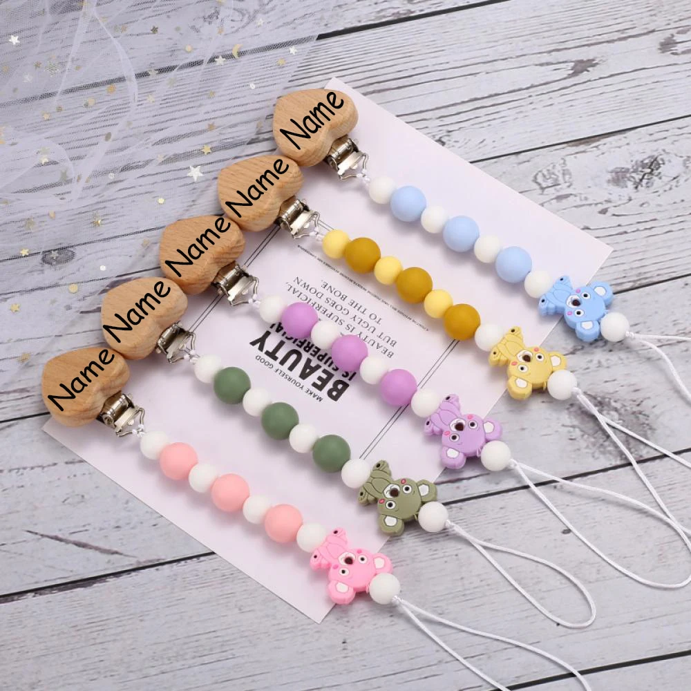 Custom Name Wooden Personalized Baby Pacifier Chain Silicone Beads Dummy Nipple Holder Guard Teether Pendant Baby Gifts Stuff