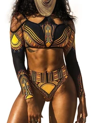 African Print Long Sleeve High Waist Bikini Women Swimsuit Female Swimwear Two Pieces Bikini Set Off Shoulder Bathing Suit Swim