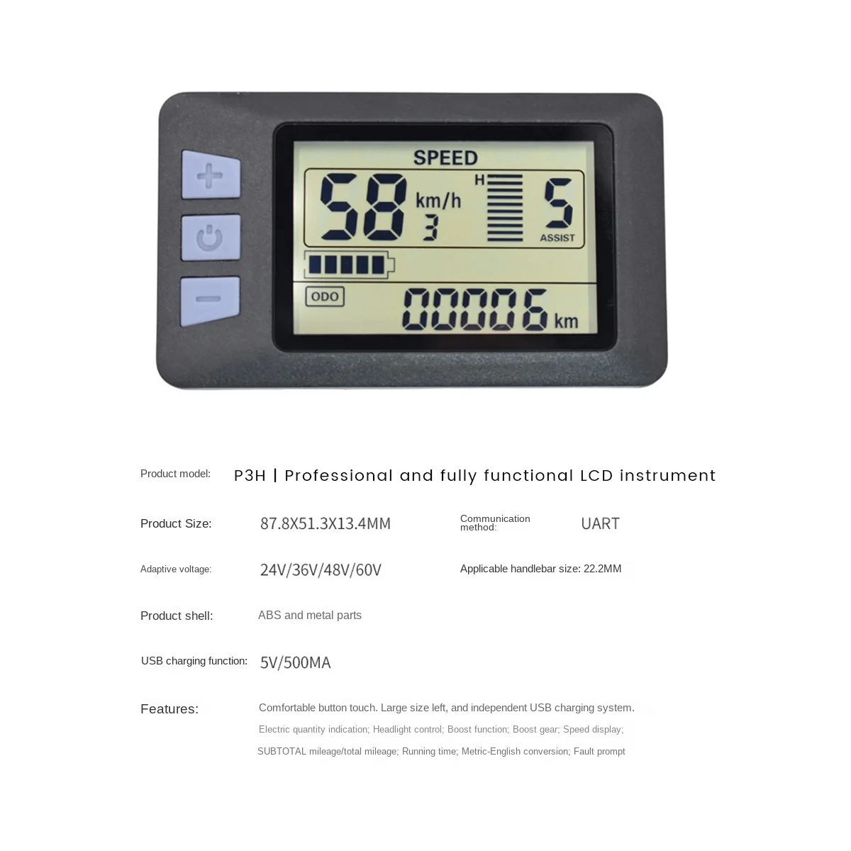 P3H LCD Display Meter Dashboard 24V 36V 48V 60V Electric Bike Meter Display Panel for Electric Scooter(6PIN)