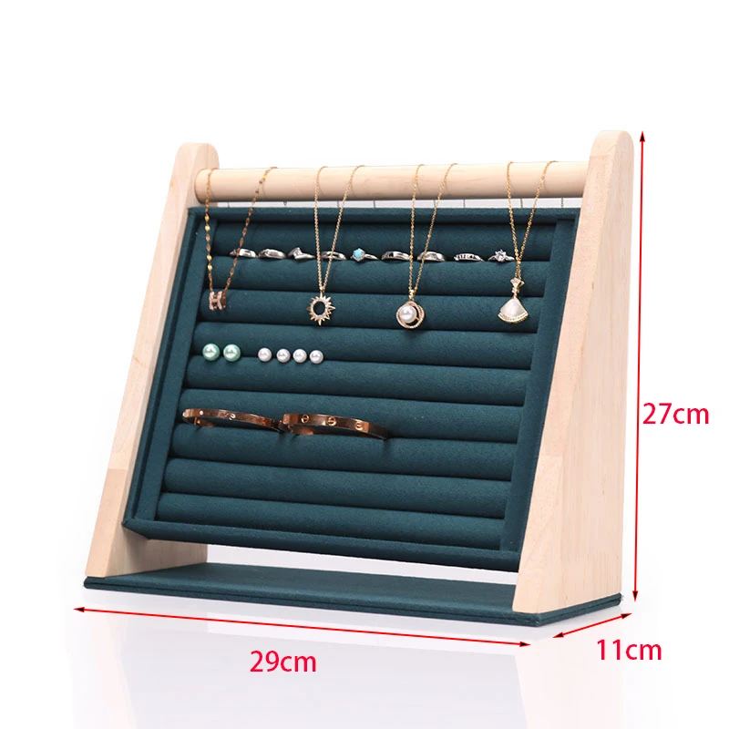 Wood Slope Jewelry Display Necklace Pendant Earrings Rings Organizer Stand Holder Rack Showcase Tray