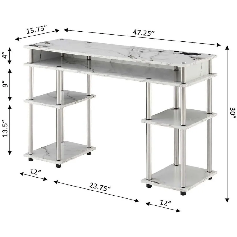 Convenience Concepts Designs2Go No Tools Student Desk with Charging Station and Shelves, White Marble