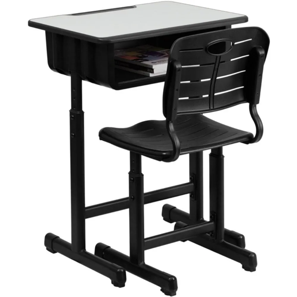 Juego de escritorio y silla para estudiantes con altura ajustable para el aula o el aprendizaje a distancia, escritorio gris/negro con silla y