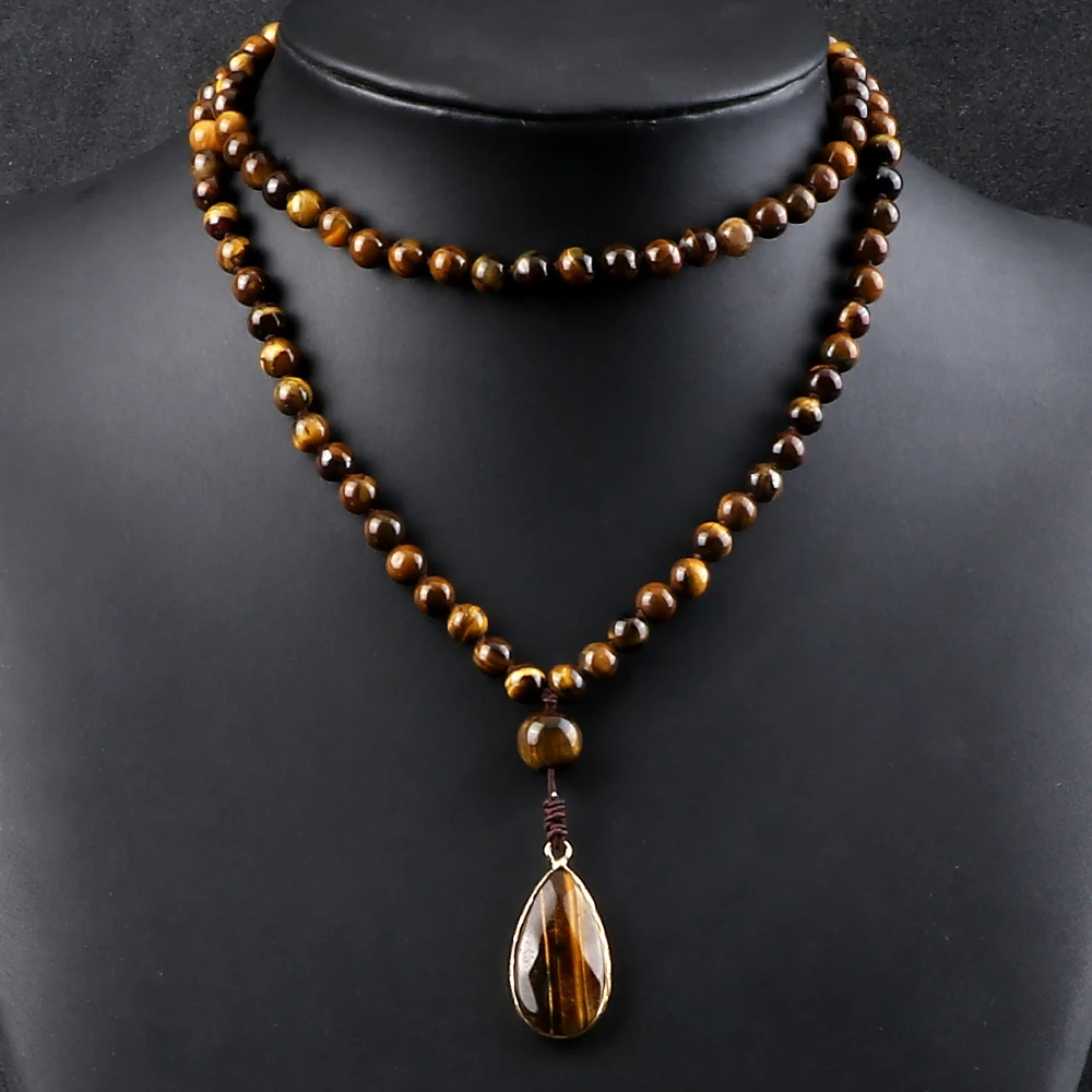 Vintage Design Tiger Eye Stone Necklace Handmade Knotted 6mm 108 Mala Beads Necklaces Drop Pendant Women Men Yoga Jewelry Gifts