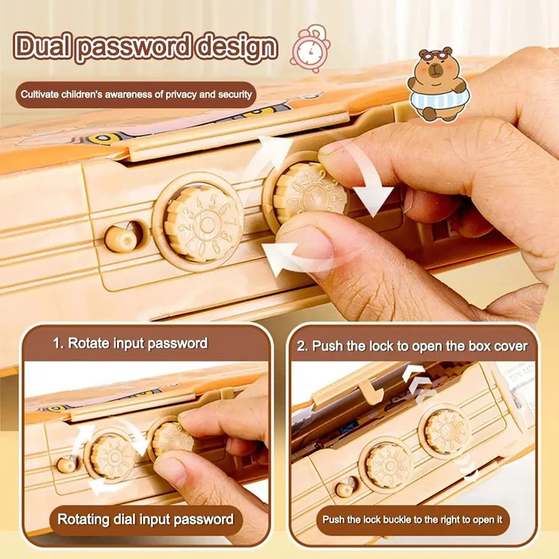 مقلمة كابيبارا متعددة الوظائف ذات سعة كبيرة وقفل بكلمة مرور صندوق أدوات مكتب بطبقة مزدوجة صندوق أقلام عالي التقنية بدون أدوات مكتبية