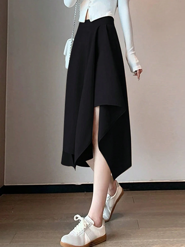 أنيق الصلبة الأسود غير النظامية التنانير للنساء Preppy المدرسة نمط عالية الخصر ألف خط تنورة طويلة ملابس امرأة التنانير النسائية