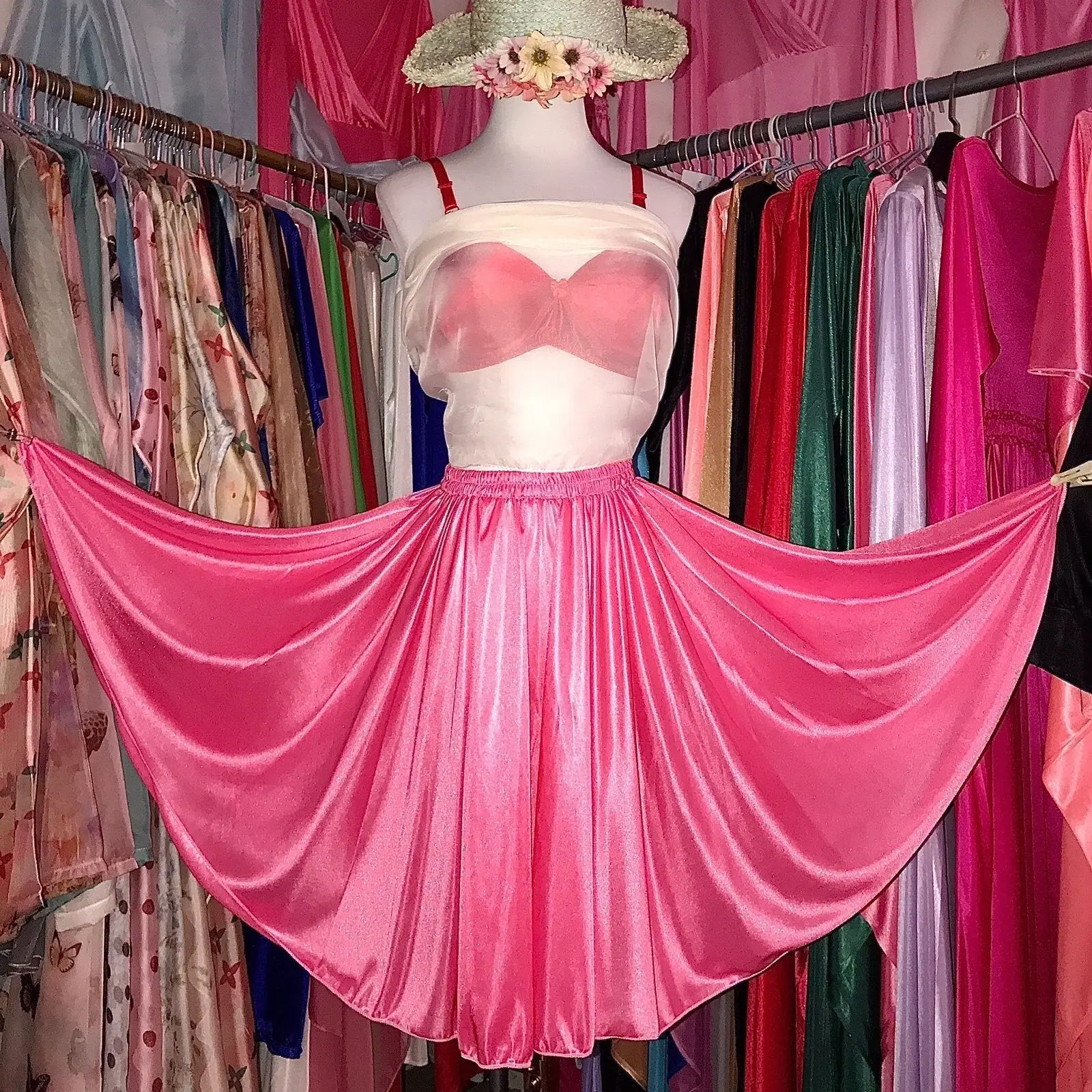 Length50-55cm الصيف الحرير الحرير مثير المرأة عالية الخصر ميدي تنورة لامعة قيعان فضفاضة #1