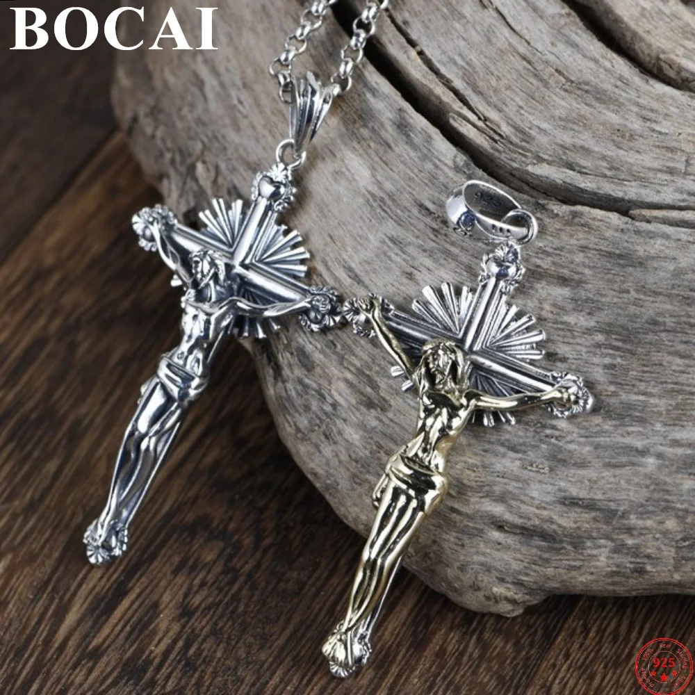 BOCAI S925 Sterling Silver Pendants for Women Men New Fashion Cross Jesus Crucifixion Amulet Jewlery Free Shipping