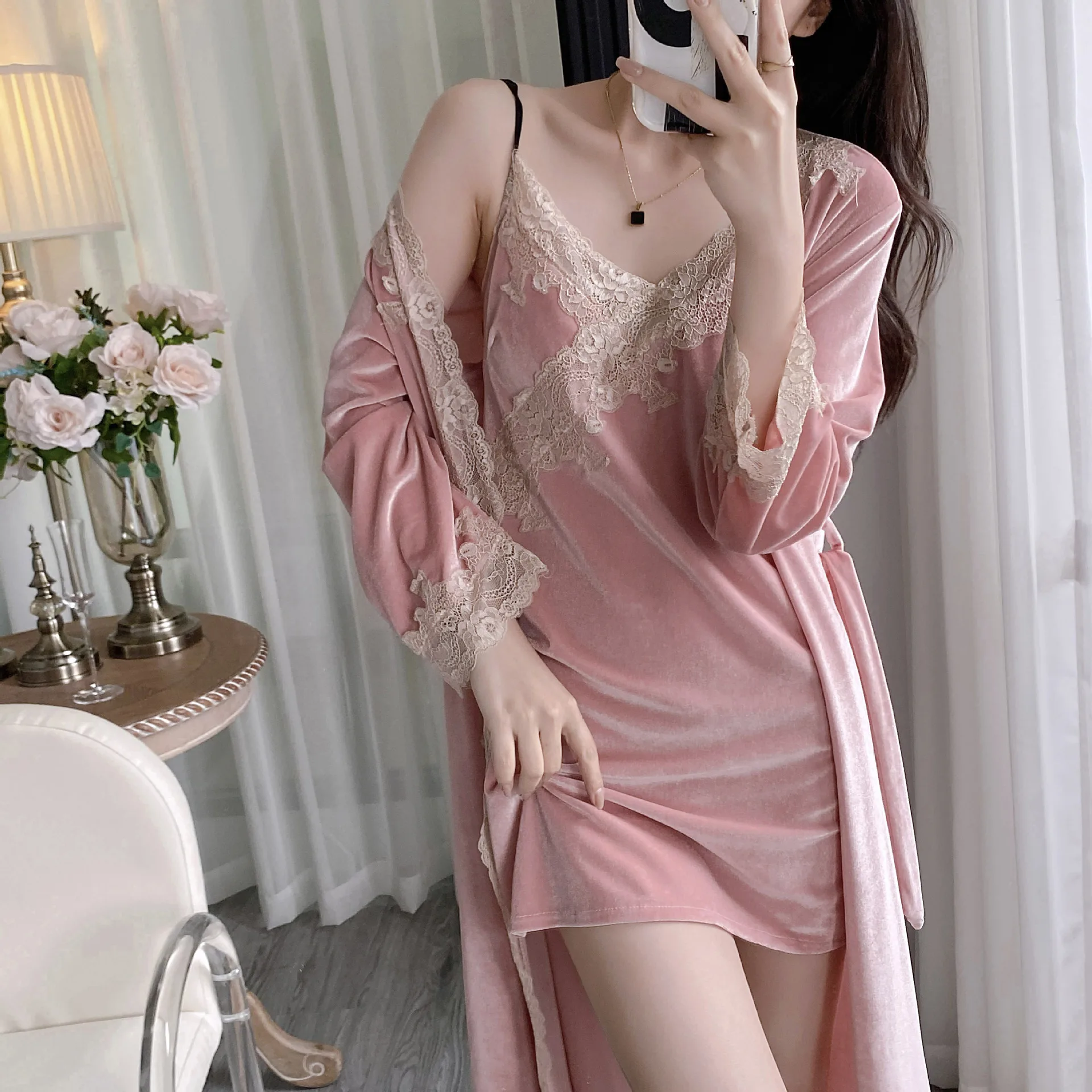 Velour Lace Robe Suit Spring Kimono Sleepwear Nightgown Homewear Women Velvet Nightdress Bathrobe Gown Sleep Set Loungewear