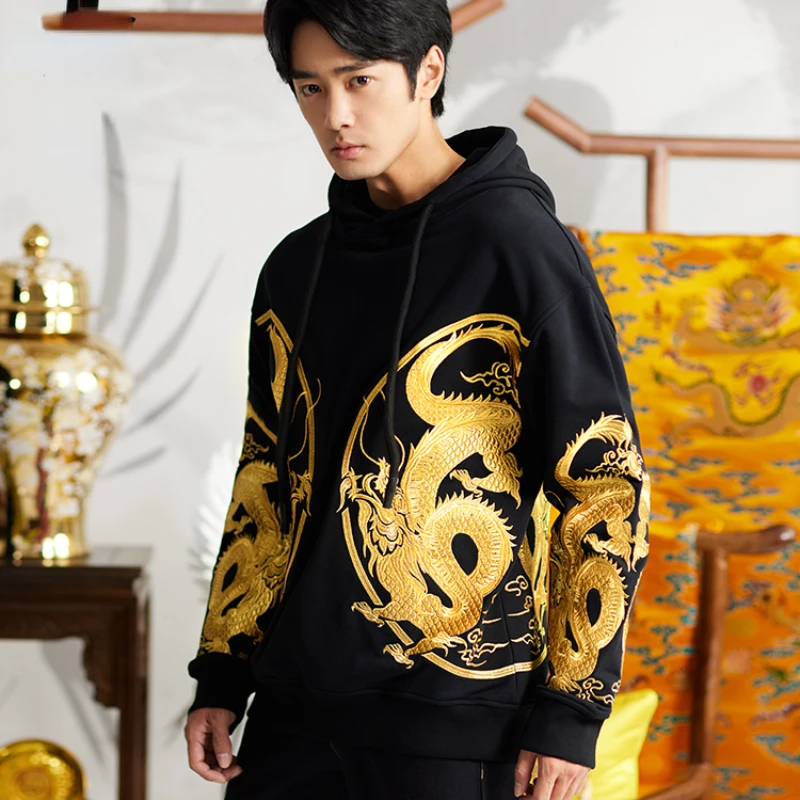 NEW high-end Golden Dragon Xianrui Chinese Style Sweatshirt Golden Dragon Robe Embroidered Hooded Sweatshirt Men Autumn Winter