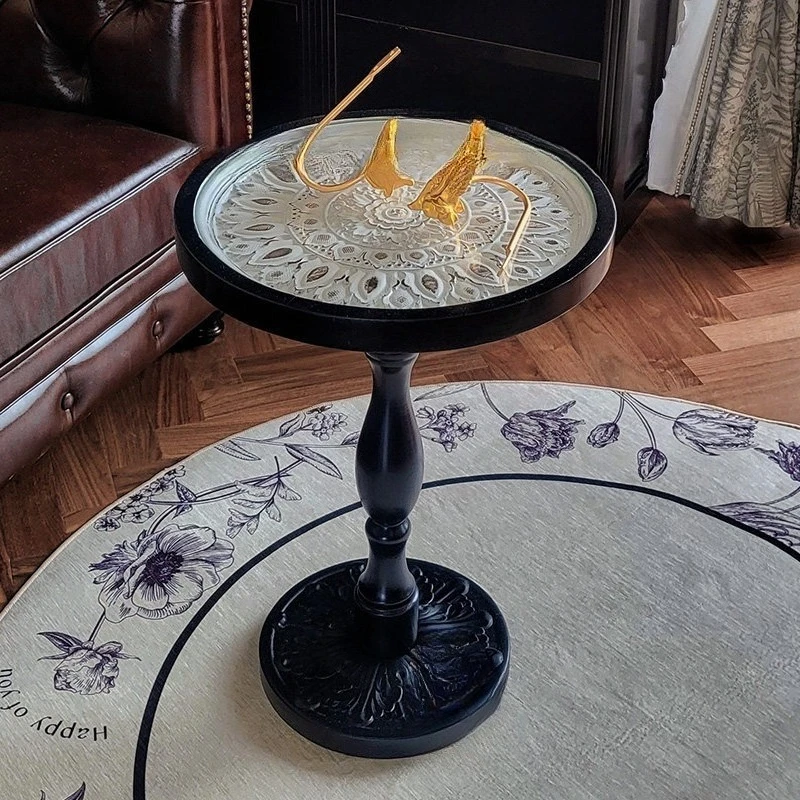 

French Vintage Carved Wood Accent Table Solid Wood Home Furniture Living Room Black End Table Round Coffee Table for B&B Decor