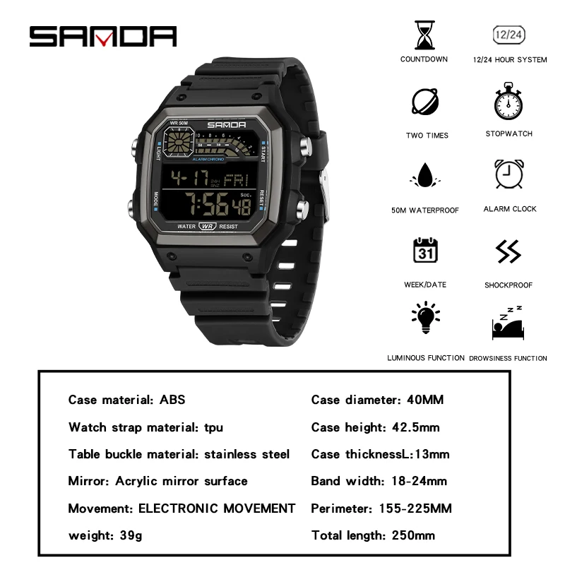 SANDA Outdoor Sport Electronic Chronograph Watch Men Multifunction Watches Alarm Clock Chrono Waterproof LED Digital Wrist watch