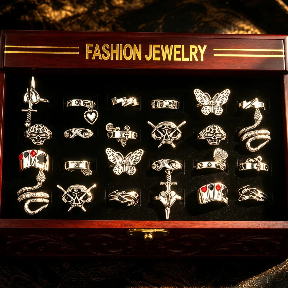 12pcs/lot Vintage Hip-Hop Punk Gothic Style Rings For Men Women Mix Style Daily Party Jewelry Gifts Accessories Randomly Shipped