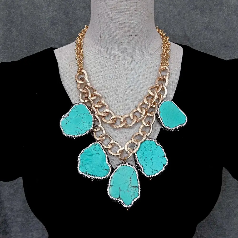 

Y·YING Blue Turquoise Crystal Pave Gold Plated Chain Statement Necklace Women Jewelry