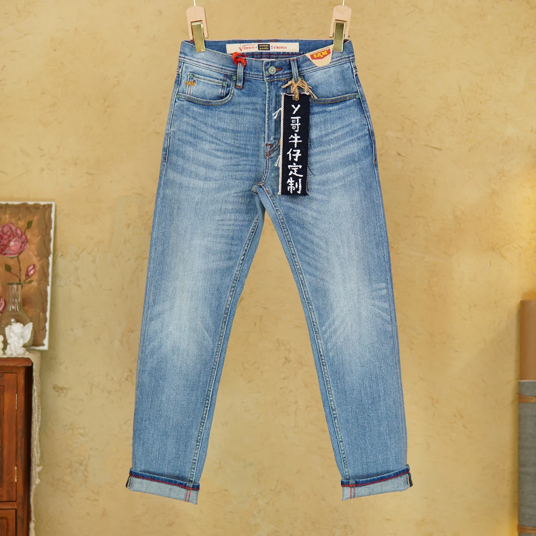 

Мужские джинсы Red Selvedge Denim 12 унций — винтажные весенне-летние тонкие повседневные эластичные узкие зауженные зауженные потертые брюки 5 км