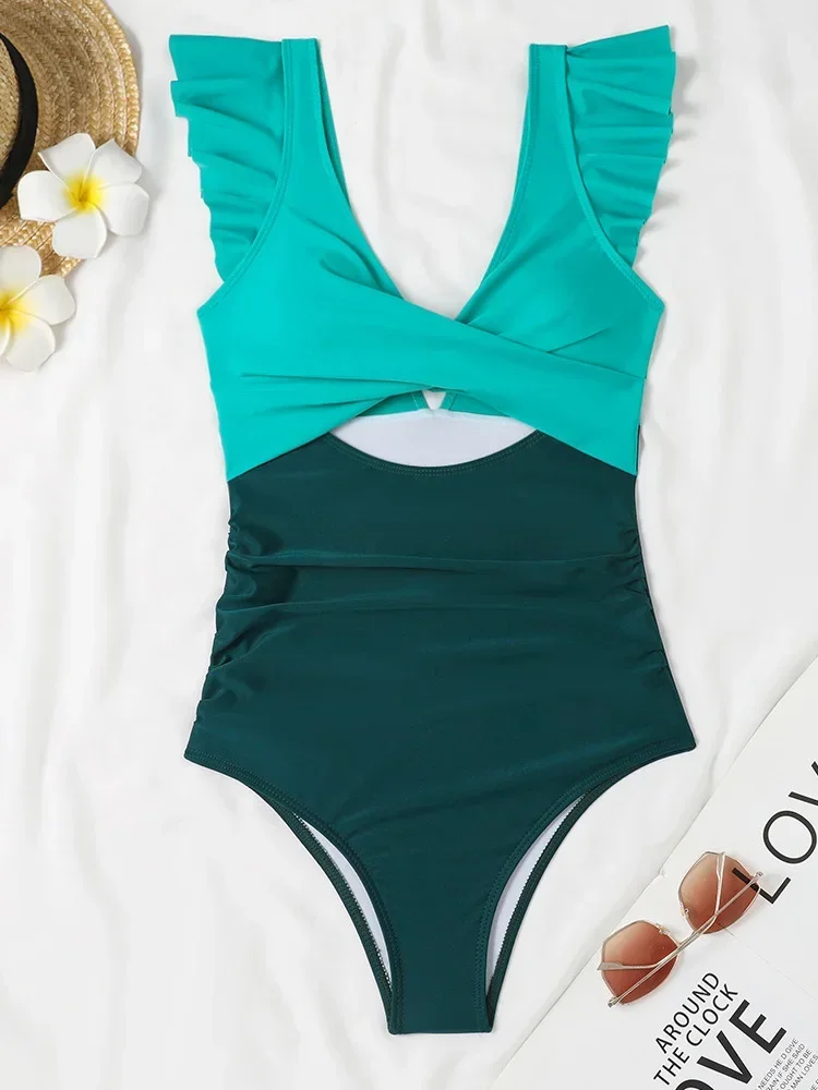 UETEEY 2025 New Summer Swimwear One Piece Swimsuit Sexy Contrast Color Ruffles One Piece Swimsuit Women Beach Vacation Bikinis