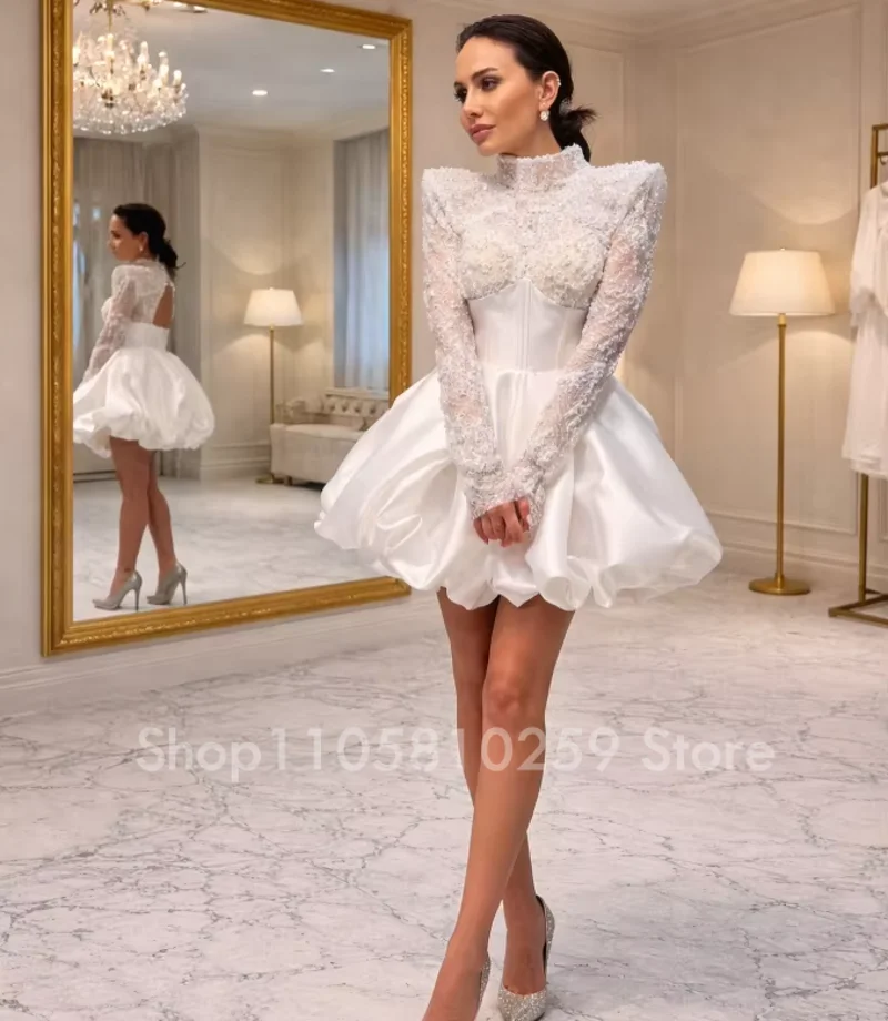 Short Wedding Dresses For Bride Capped Long Sleeves A Line Lace Applique Bridal Gowns Mini Civil robe de mariée Customized