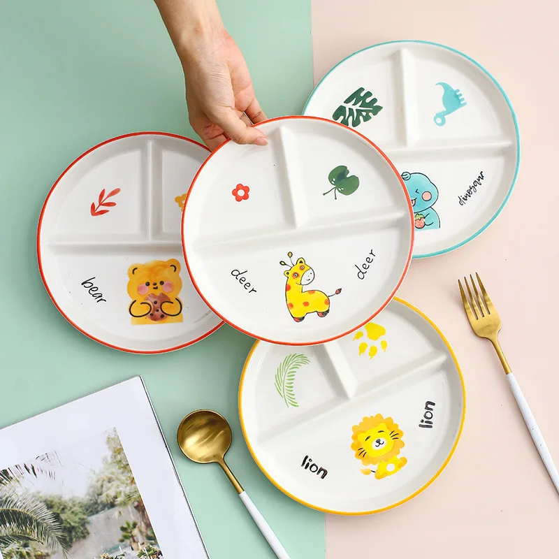 

Children's Tableware Cartoon Ceramic Grid Plate for One Person Breakfast Plate Divider Plate Ceramic Dish Serving Platter