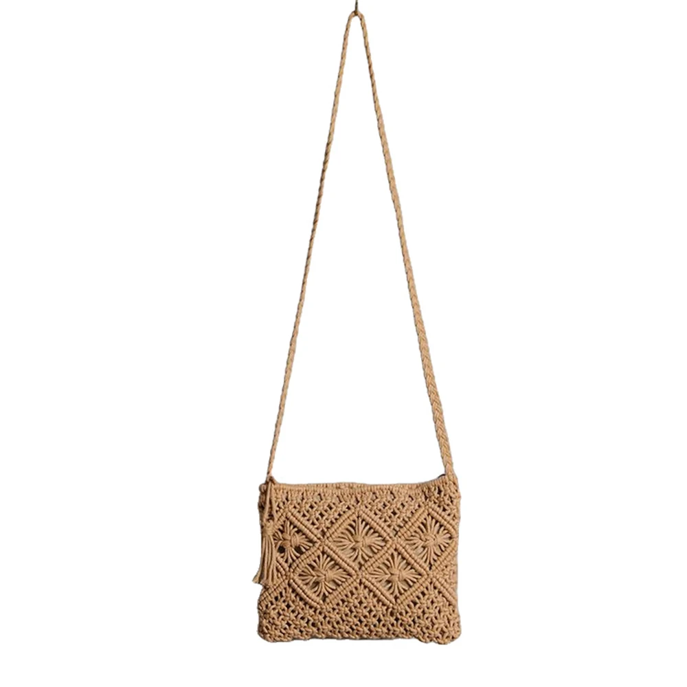 Saco de praia de palha ombro Messenger Bag para mulheres, Boho Tassel, Oco Out Crochet Crossbody Handbag, Macramé Clutch Purse Bags