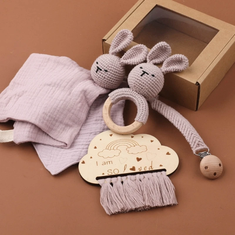 1 Set Baby Bath Towel+Crochet Rabbit Rattle Toy Newborn Birthday Gift Box Cotton Gauze Boy Girl Face Towel Feeding Bib Washcloth