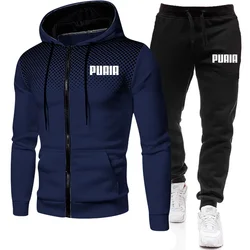 Mens Tracksuits+Sweatpants Two Pieces Suits 2023 Winter Print Zipper Hooded Sweatshirt Casual Fitness Jogging Sports Pants Sets