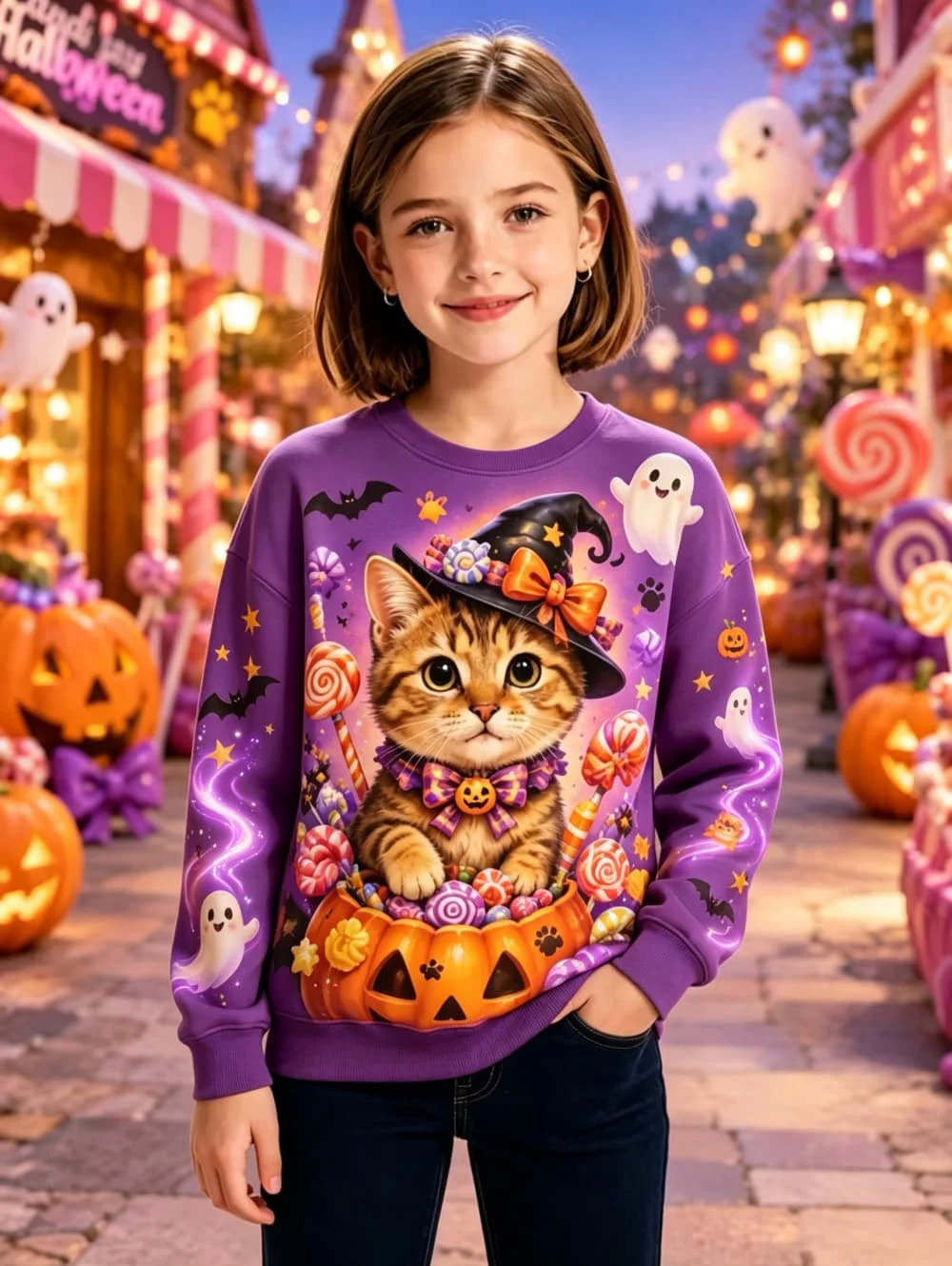 Sweat-shirt à motif de chat amusant de dessin animé pour Halloween, pull de saison effrayante, haut à manches longues pour fille, idéal pour l'automne, sweat-shirts unisex pour les fêtes.