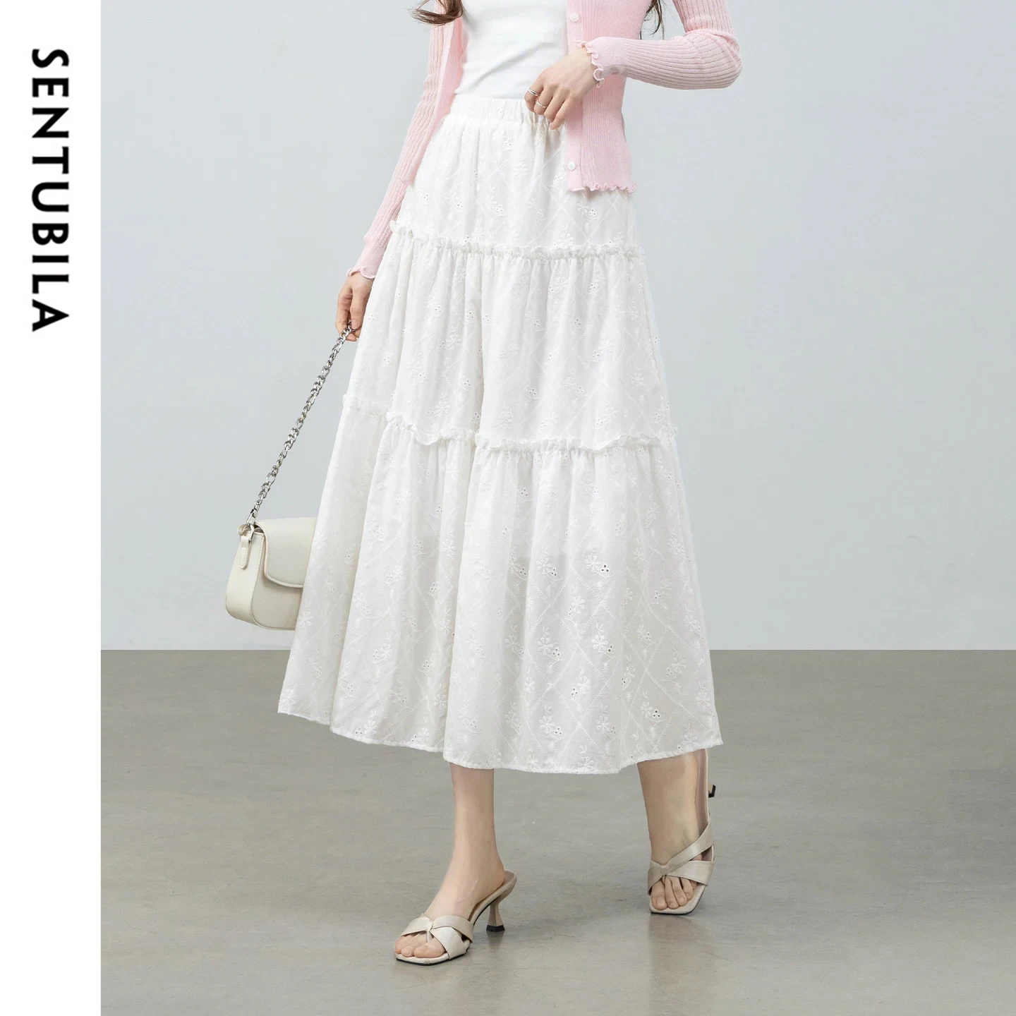 

SENTUBILA Women's White Midi Skirt 2026 Summer New 100% Cotton Embroidery Ruffle Layers Elastic Waist A-Line Skirt W62QA6377