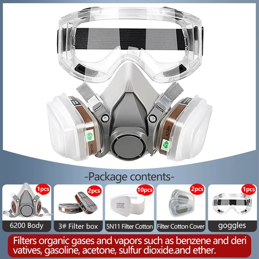 

Полулицевой респиратор 6200 с защитными очками для работы от пыли, химических газов и аэрозольной краски с защитой из эпоксидной смолы