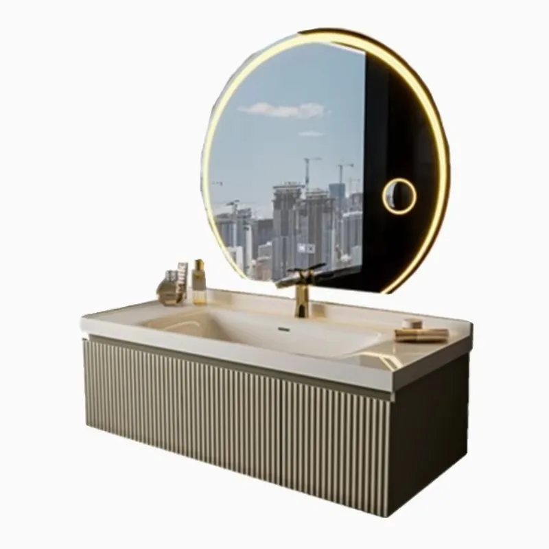 Skincare Bathroom Vanity with Ceramic Basin Modern Floating Vanity with Open Soft Close Drawer Large Storage Cabinet Combination