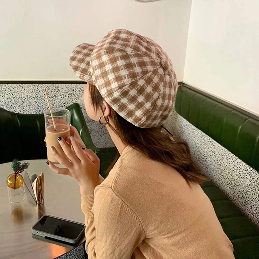 Sweet Korean Style Plaid Beret Hat Keep Warm Small Fragrant Style Women Painter Hat Lattice Women Octagonal Cap Girl