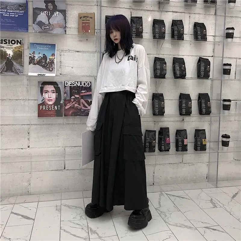 Black Pockets Patchwork Wide Leg Pants Spring Elastic Waist Solid Loose Plus Size Straight Pants Casual Fashion Women Clothing