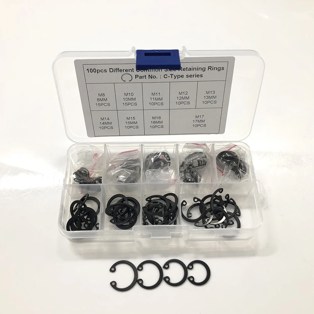 

100 in 1 65 Mn Carbon Steel Universal Snap Rings Set for Automotive Industrial Equipment Machinery Hobbies (Black)