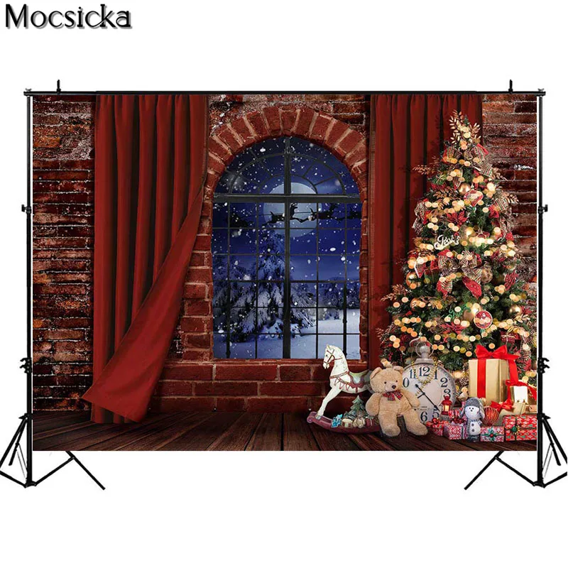 Mocsicka Giáng Sinh Lò Sưởi Phông Nền Chụp Ảnh Màu Đỏ Gạch Tường Mùa Đông Tuyết Cây Giáng Sinh Họ Chân Dung Ảnh Nền