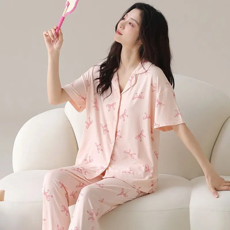 Cardigan Pajamas Women's Summer Thin Cotton Pijamas Short-sleeved Trousers 2025 New Korean Version Sweet Simple Loungewear Set