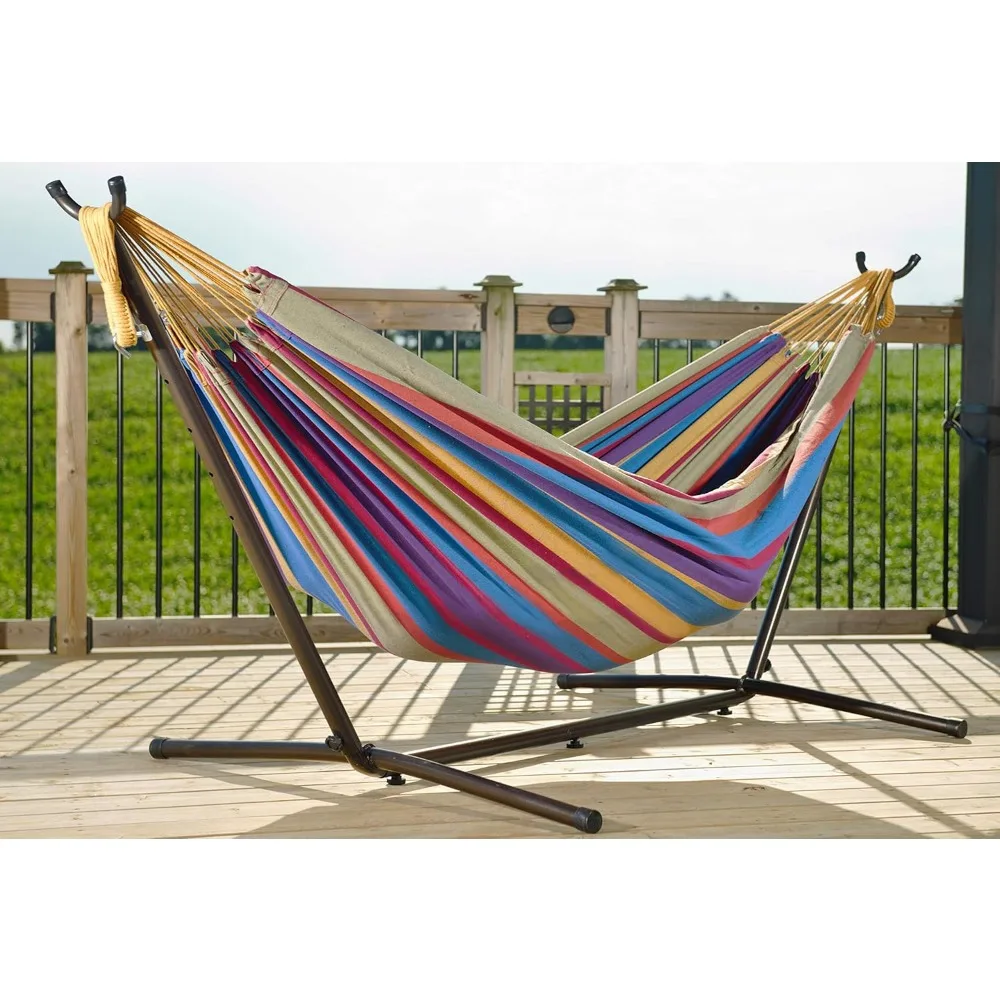 

Double Cotton Hammock with Space Saving Steel Stand, Tropical (450 Lb Capacity - Premium Carry Bag Included), Durable Fabric