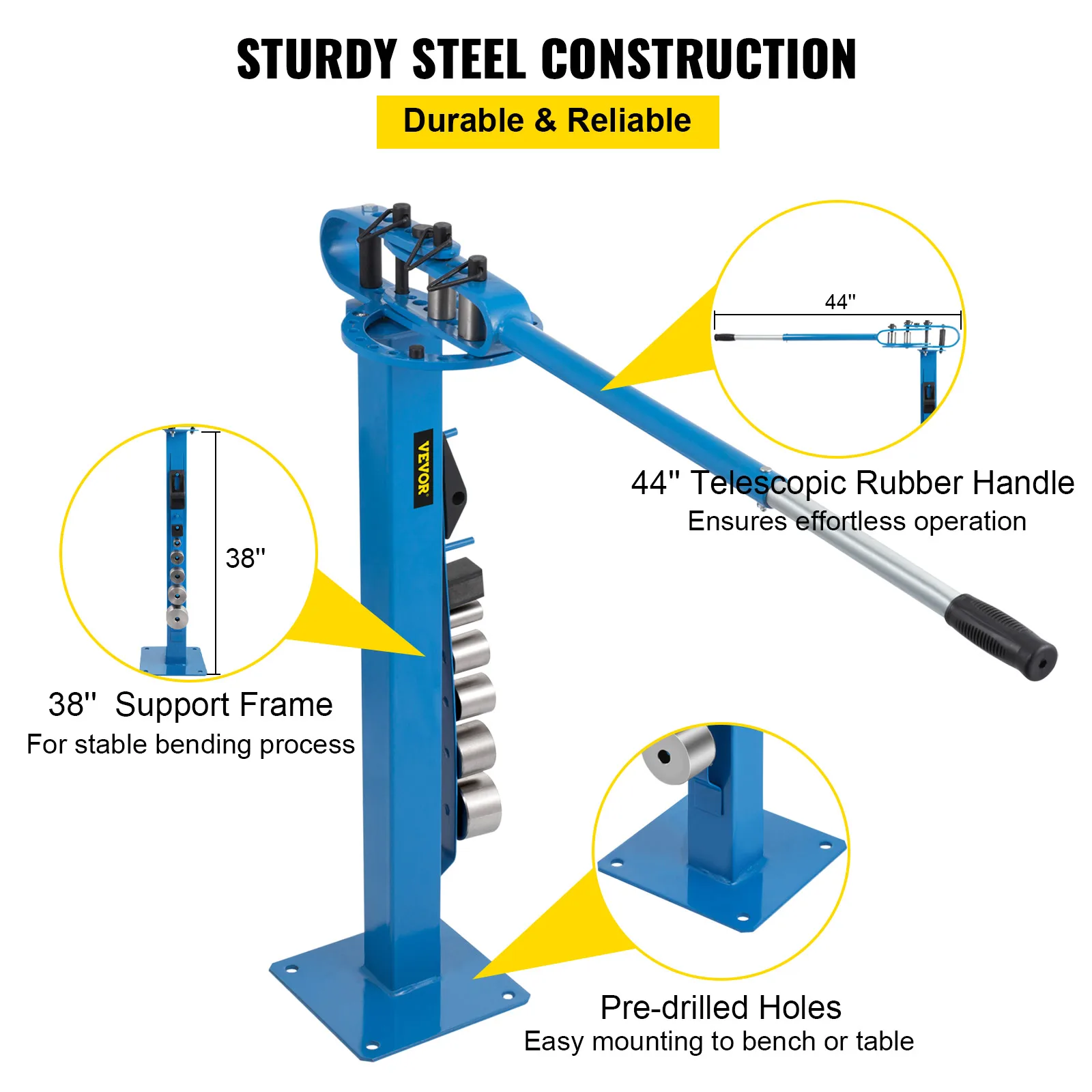 VEVOR YP-38 Floor Mounted Compact Bender with 7 Dies Mutifunctional 44in Telescopic Rubber Handle Copper Steel Tube Bending Tool