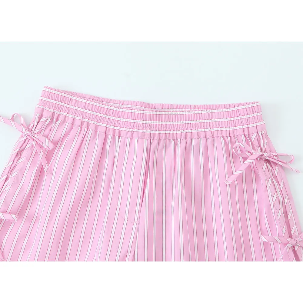 DUOPERI Estate Nuove Donne 2 Pezzi Set Fiocco A Righe Lace Up Con Scollo A V Canotte e Pantaloncini Elastici in Vita Femminile Chic Casual Shorts Abiti