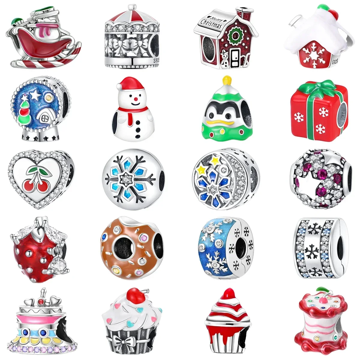 

Original 925 Sterling Silver Christmas Sleigh Snowflake House Penguin Cake Bead Charms for Bracelet Women Jewellery Gift