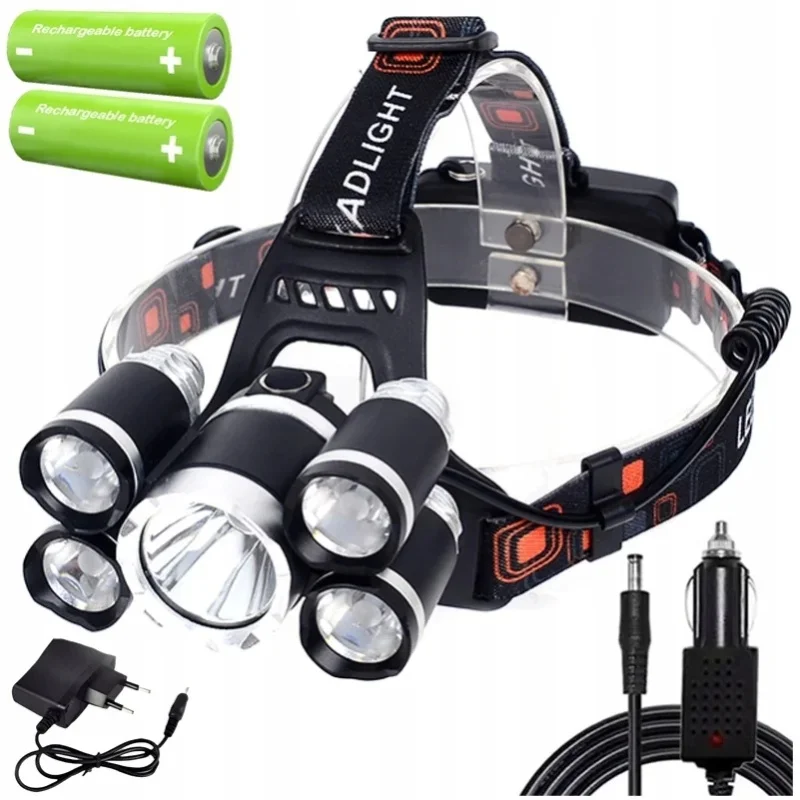 Akumulatorowa latarka czołowa LED z 5 diodami LED CREE XM-L T6, mocna latarka czołowa z 2 bateriami 18650 Li-Ion 4200 mAh, ładowarka sieciowa i samochodowa, wodoodporność IPX5, aluminiowa obudowa, 5 — 2