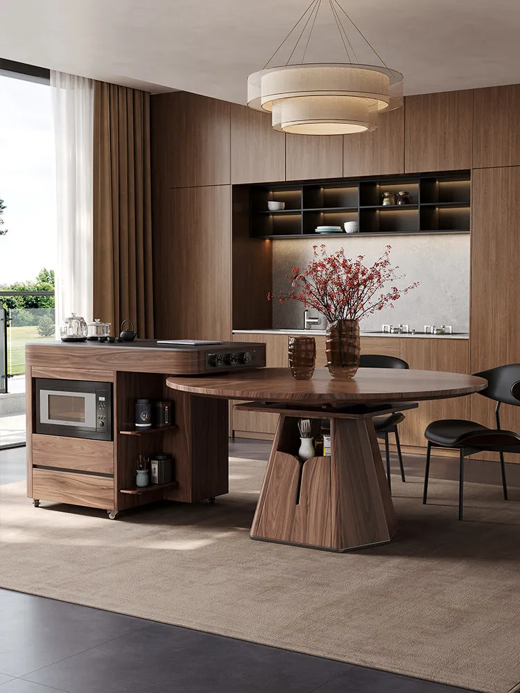 Solid wood island dining table integrated kitchen household small apartment folding telescopic square