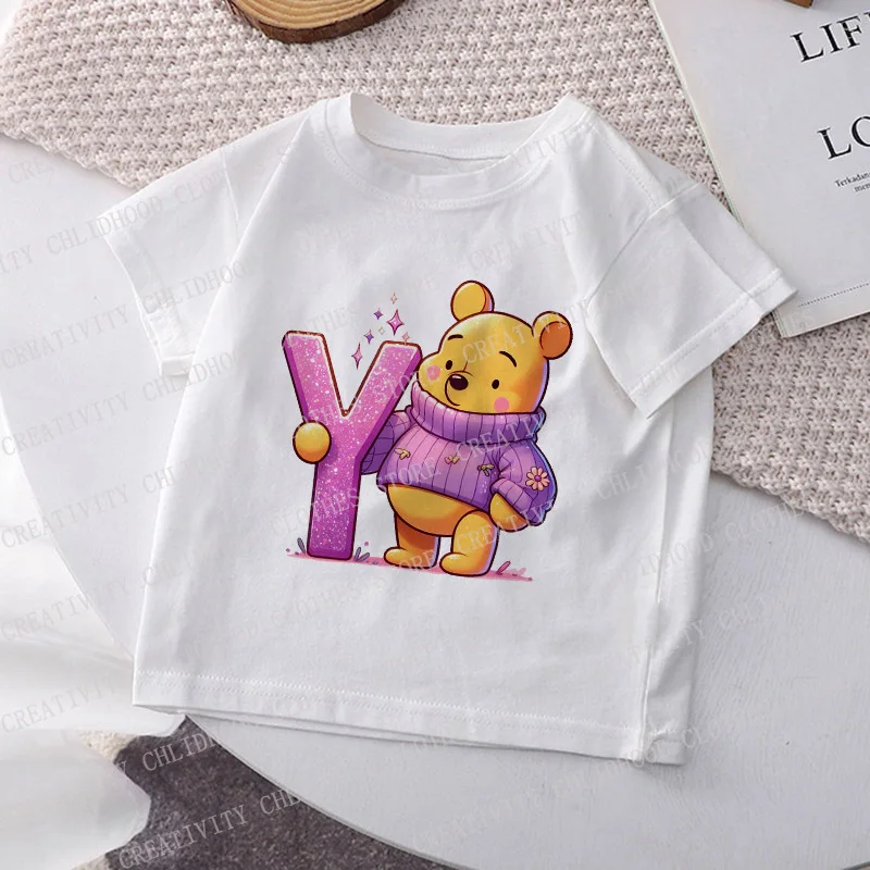 Winnie The Pooh Children T-shirt Disney Cartoons Letter ABCD Clothes Kids Tees Tops Kawaii Casual Clothing Boy Girl Short Sleeve