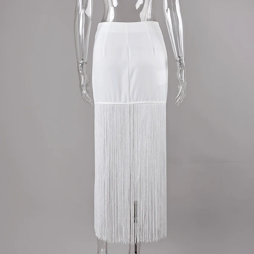 Linad Street Chic White Satin Tassels Long Skirts Woman 2026 Elegant High Waist Straight Skirts Casual Slim Ankle Length Skirt