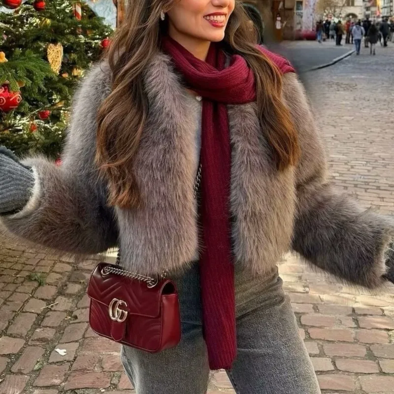 Jaqueta feminina grossa e quente de pele sintética, gola redonda, manga comprida, roupa externa chique, moda