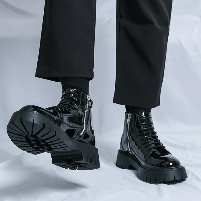 Shiny Leather Men s Boots Side Zipper Business New Style Comfortable High Top Mens Casual Shoes Classic Design Thick Soled Shoes AliExpress
