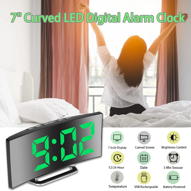 

Mirror Curved Screen Digital Alarm Clock, LED Creative Curved Electronic Clock, Suitable for Desks, Living Rooms, Bedrooms