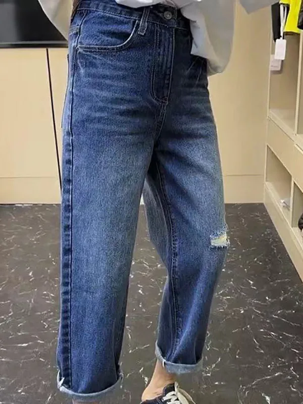 

Рваные джинсы с синими дырками, женские летние новые большие размеры Pear ape, свободные тонкие брюки небольшого размера Harlan, прямые брюки, повседневные высокие брюки...