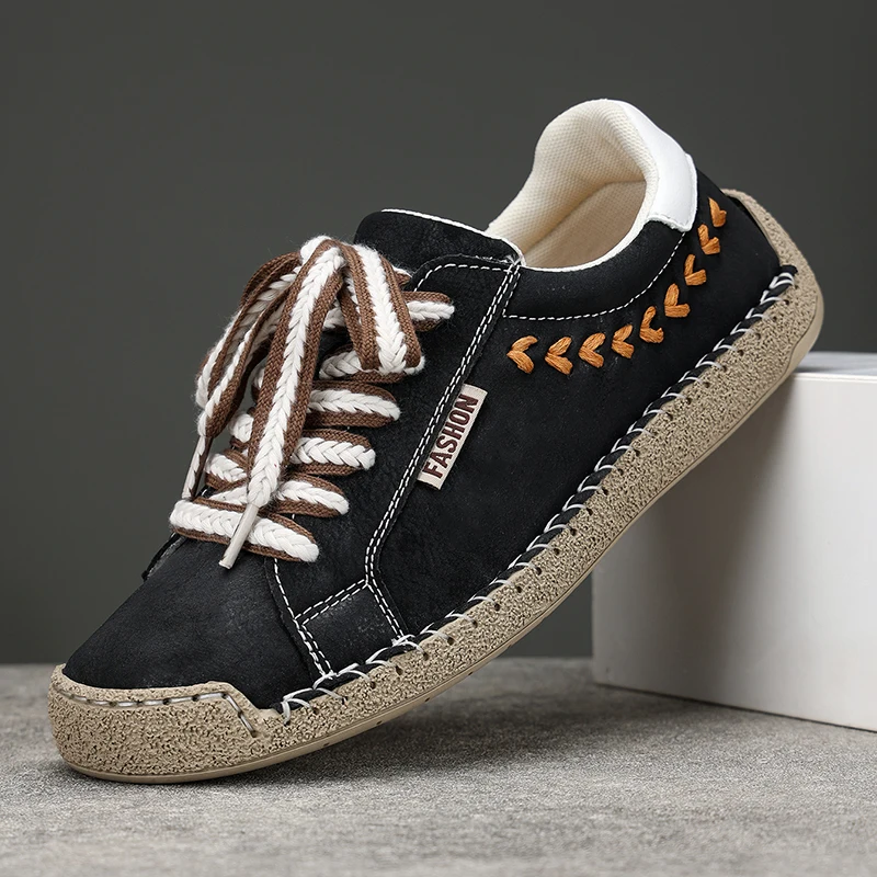 Spring Autumn Mens Retro Board Shoes Thick Braided Lace Non Slip Rubber Sole