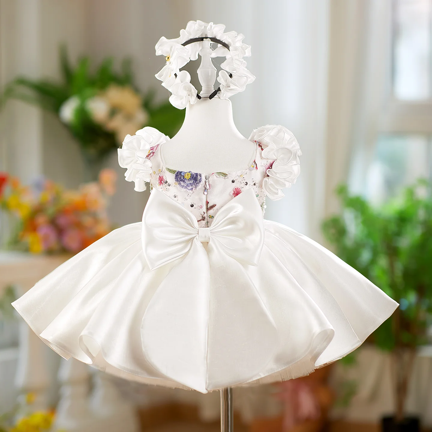 Dreamy Vow J026 Elegante Dubai Abito da ragazza bianco Fiori 3D con fascia per capelli per bambini Matrimonio Compleanno Comunione Festa Spettacolo 2025