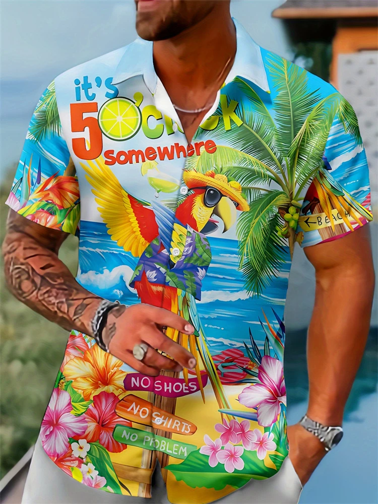 

Мужские гавайские рубашки с короткими рукавами и принтом тропического попугая и пальмы, повседневные летние рубашки на пуговицах, яркие наряды для пляжной вечеринки