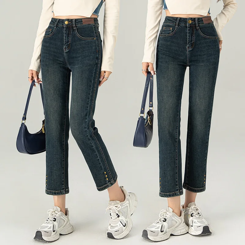 جينز أسود بقصة ضيقة للنساء، سروال قصير جديد للتخسيس عالي الخصر للخريف، بنطلون متعدد الاستخدامات