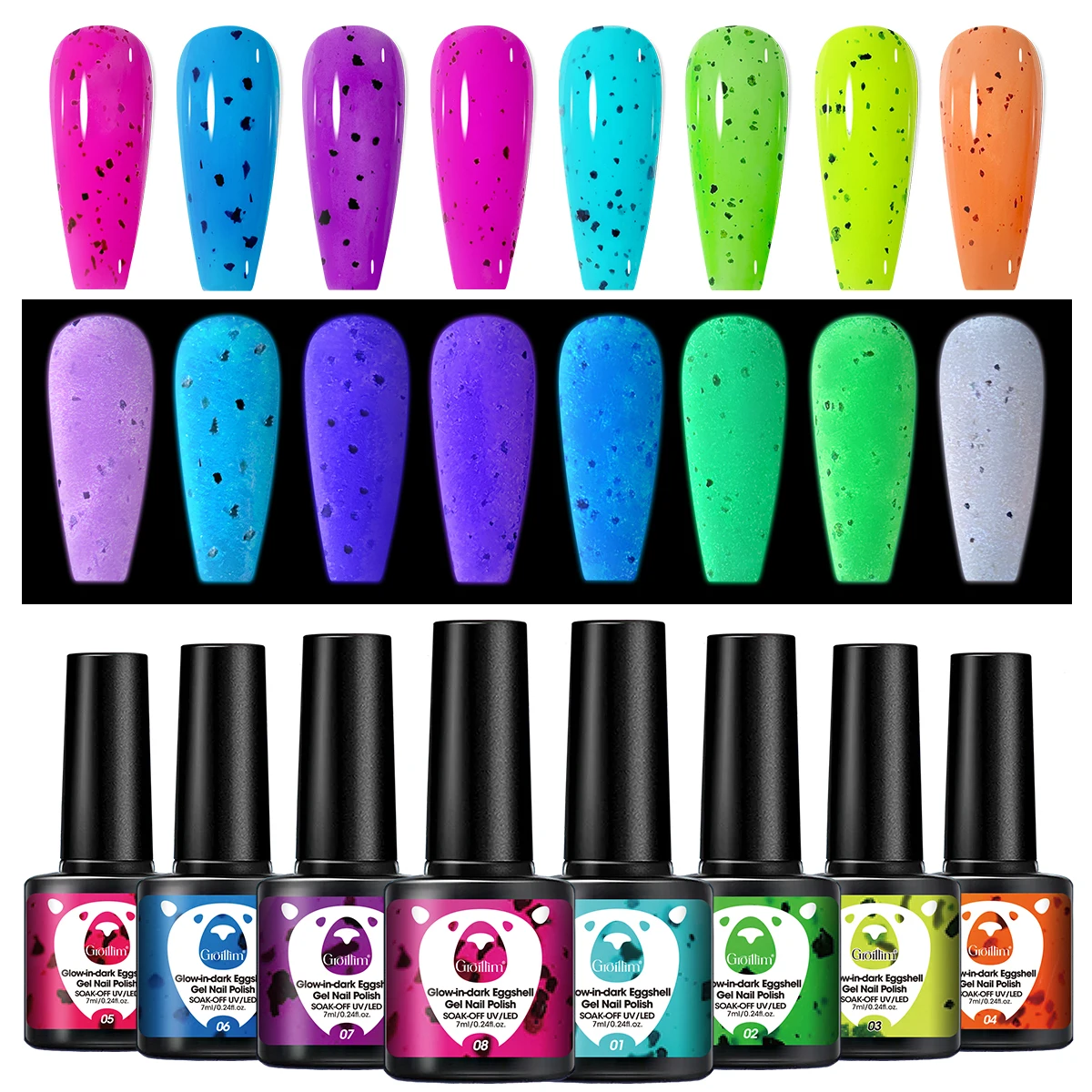 

Luminous eggshell gel nail polish -8 pieces, high saturation neon color, lasting bright, suitable for bright surface or matte to